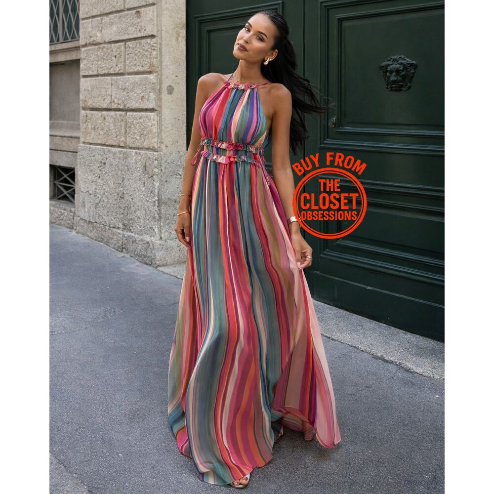 MANGO Resort Stripe Halter Maxi Vacation Dress NWT